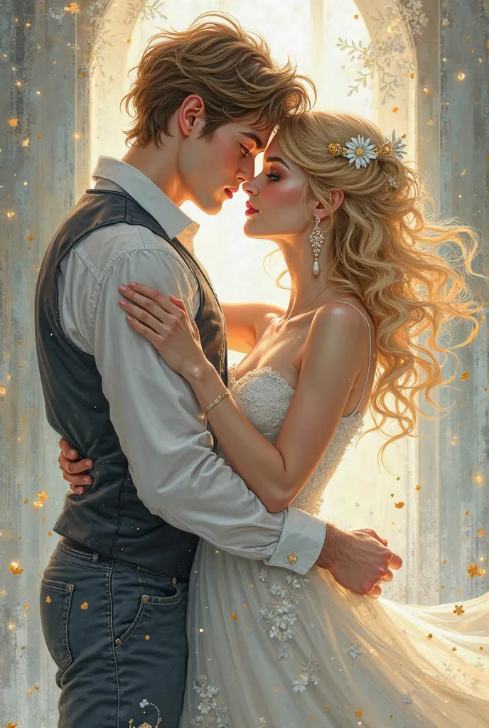  Create the cover of a book with the following concepts : a romance between two agers  ( a boy with blue eyes and light brown blonde hair and a girl with blond hair and blue eyes) And an extravagant dance, I want it to look like an illustration and give it...