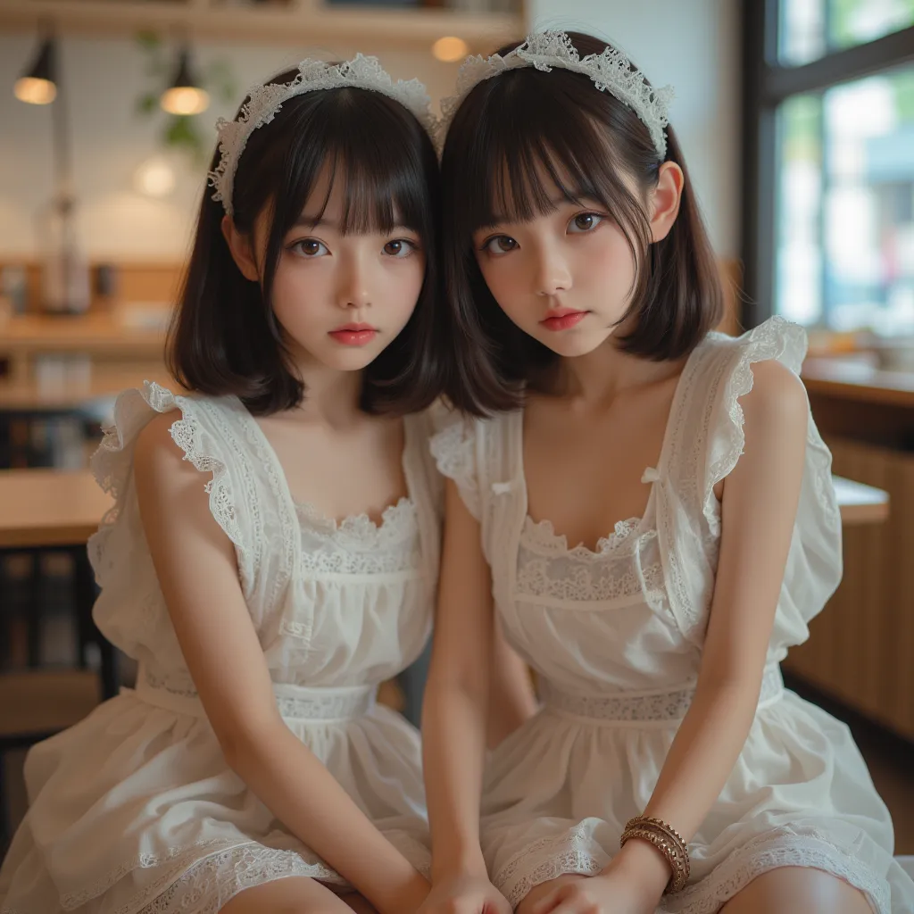 cuteloli,loli,hyper realistic,HD,best quality,(14-years-old),sexy maid,looking at viewer,depth of field,full_body_shot,from_above,twins,Sexy pose,cafeteria,lace,