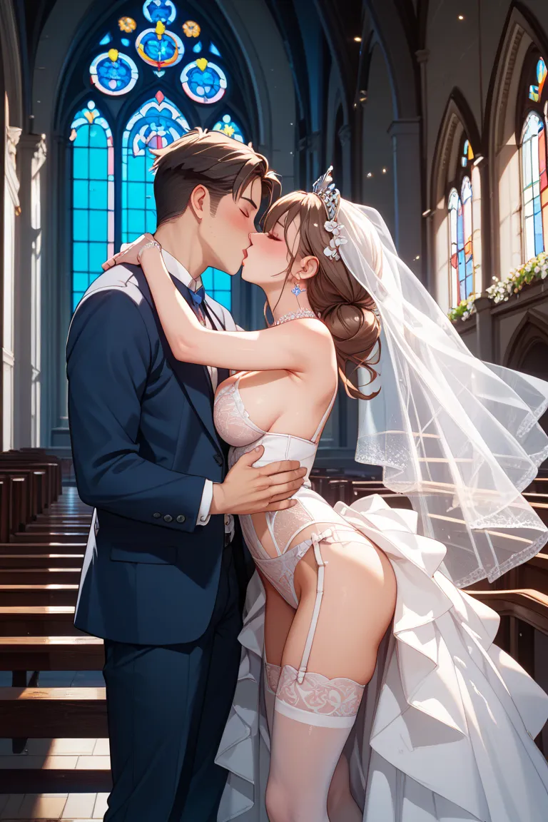 (SEXY LINGERIE)、wedding dress、church、1 woman 1 man kiss、High Resolution、high quality、masterpiece、