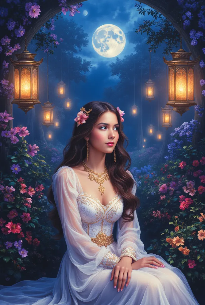 ((Beautiful girl sitting under the moonlight in a beautiful garden lit by hanging lanterns:1.5)), dreamy expression, long flowing hair, elegant dress, moonlit garden, bright moonlight, dramatic lighting, cinematic atmosphere, detailed portrait, photorealis...