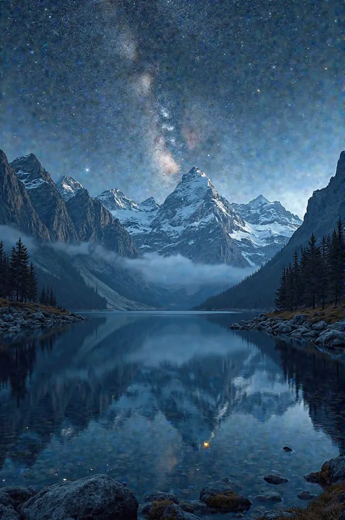 A hyper-realistic, breathtaking panorama of a serene alpine lake at night, perfectly mirroring the towering snow-capped mountains that cradle its shores. The jet-black sky explodes with a dense tapestry of stars, the Milky Way cascading like a celestial ri...