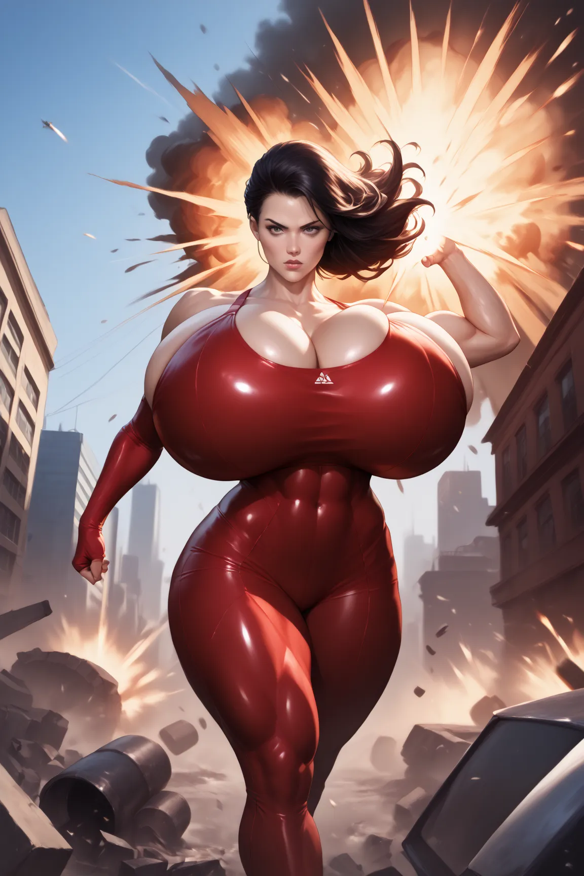 M1lly4c0k2222 Action shot of  (( Action shot of )), big breasts, Toned Body, (The explosion in the background、 abandoned city ), Style - BladeRunner2049-8v Complex, high detail, sharp concentration, dramatic, ((photorealistic)), hyper breasts,