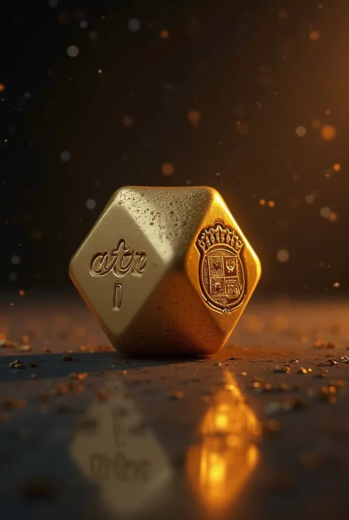 , create a realistic 3D design of a gold-colored dice with a name "atr"  With the addition of a royal chat logo and cinematic effects 