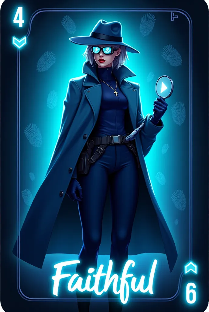 A sleek, mystery-themed playing card labeled 'Faithful' designed for 'The Deceptors’ Challenge.' The card has a smooth blue gradient background transitioning from deep blue (#44275e) to teal-blue (#5eb0c1) and light blue (#a5e6ef). A bold, glowing font in ...