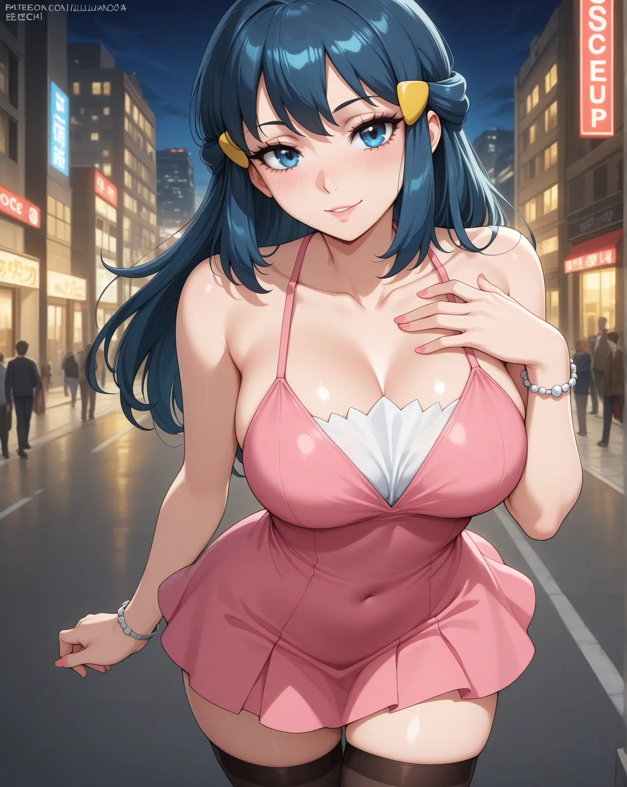 (1 girl, solo, female only, sensual woman, Pinup, 2DCG, big eyes,

	Dawn \(Pokemon\),
long hair, blue hair, sidelocks,
hair ornament, 
blue eyes,
slender, large breasts,  

bare head, collarbone,
bare shoulders, black shirt, white undershirt, 
pink skirt, ...