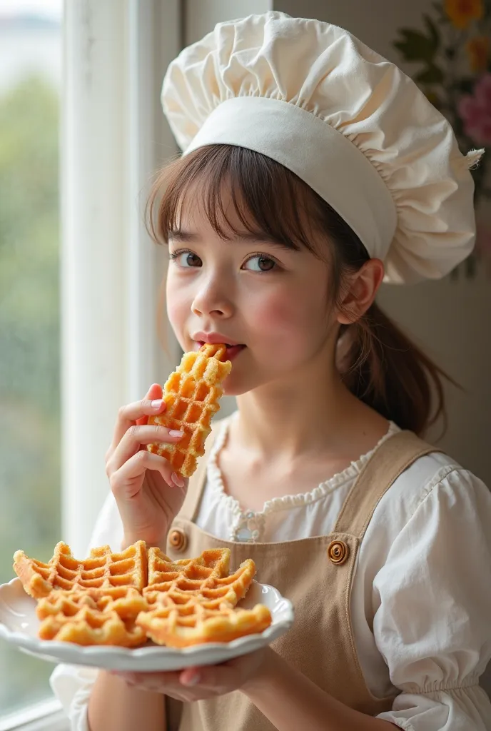 European-looking girl,age s,in a chef's hat,eats Belskie waffles, posing on a light background 