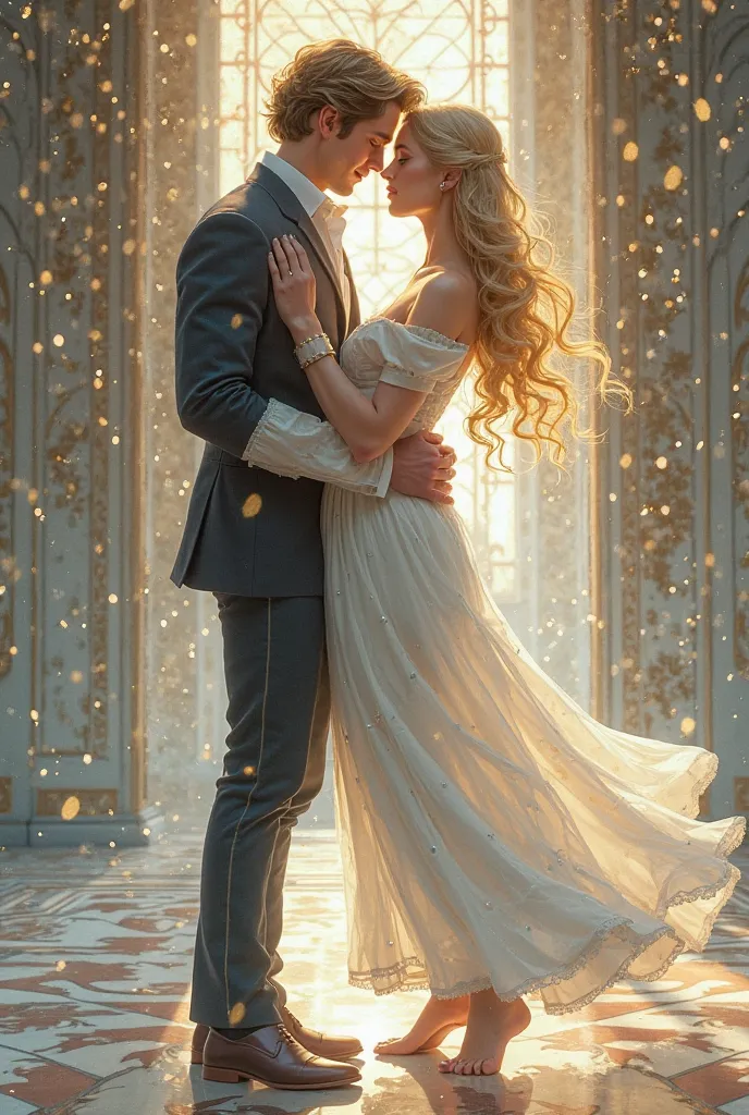  Create the cover of a book with the following concepts : a romance between two agers  ( a boy with blue eyes and light brown blonde hair and a girl with blond hair and blue eyes) And an extravagant dance, I want it to look like an illustration and give it...