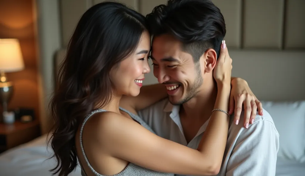 "A stunning 37-year-old Indonesian woman with a curvy, well-proportioned body, embracing a 20-year-old man in a warm and intimate hug. Both are dressed in simple, minimalist casual clothing, conveying comfort and closeness. The setting is a stylish hotel r...