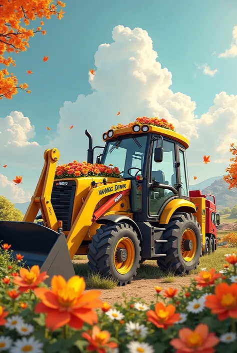 Draw a yellow backhoe loader, flower-loading full body, of a nearby red HOWO dump truck with a black body, and happy ren are running around, fairytale background ,  full details , 8k, high detail, photorealism, , physically correct visualization, bright co...