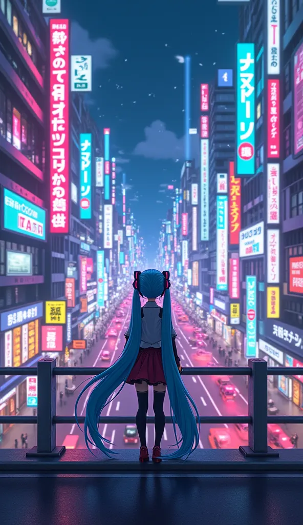 2D graphics Hatsune Miku with long twin tails and original Hatsune Miku's headphones in original Hatsune Miku Dress, looking at the streets of Akihabara on a flyover at Nighttime, Neon Lights, vivid display, futuristic year 3055, 4k UHD Graphics, ultra fin...