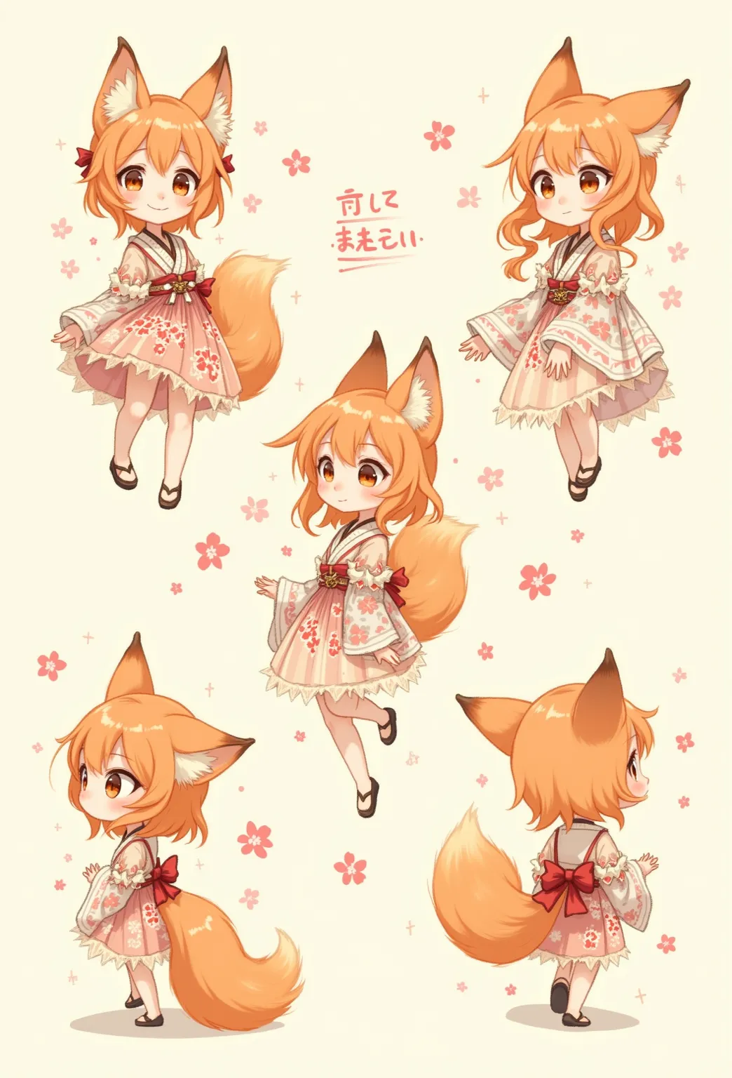 Cute fox girl，multiple angles (Front , back, side, 3/4 view）