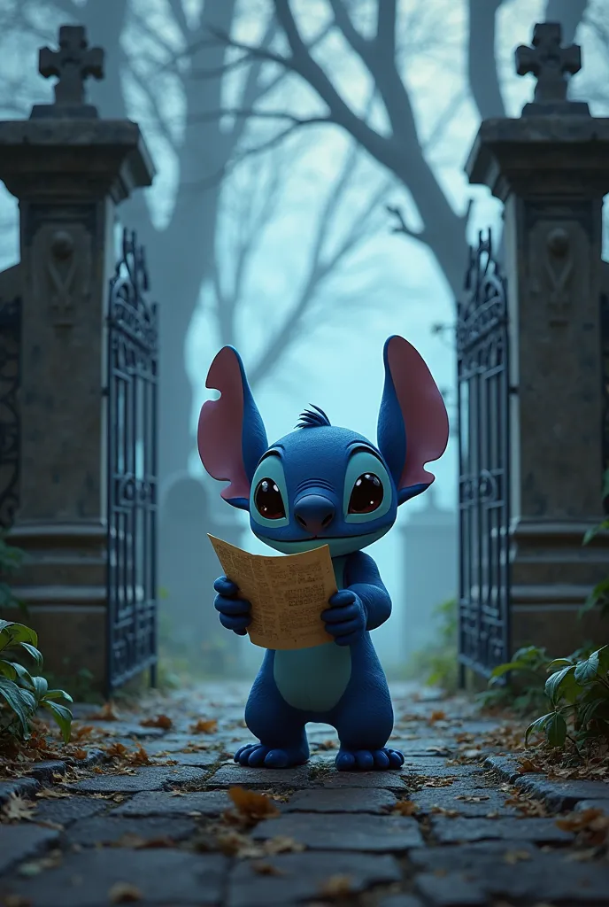 Detective Stitch at the entrance of a cemetery with a piece of paper in his hand, 3d