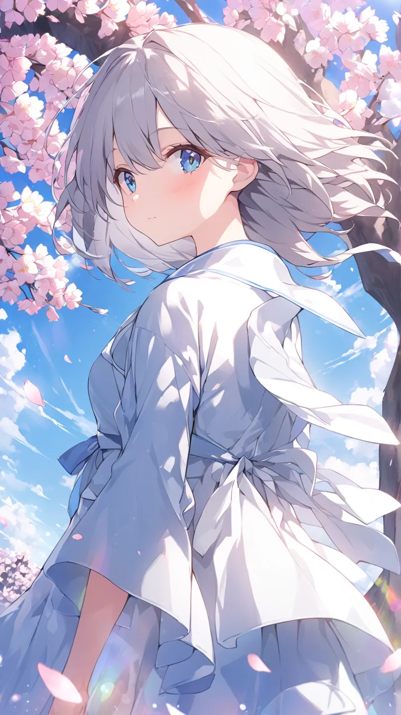 spring、blue sky、cherry blossoms、cherry blossoms吹雪、Large Tree、1 girl, solo,  everyday wear、looks at one woman, blue eyes, Grey Hair、How hair flutters in the wind、dutch angle, lens flare, widescreen, 