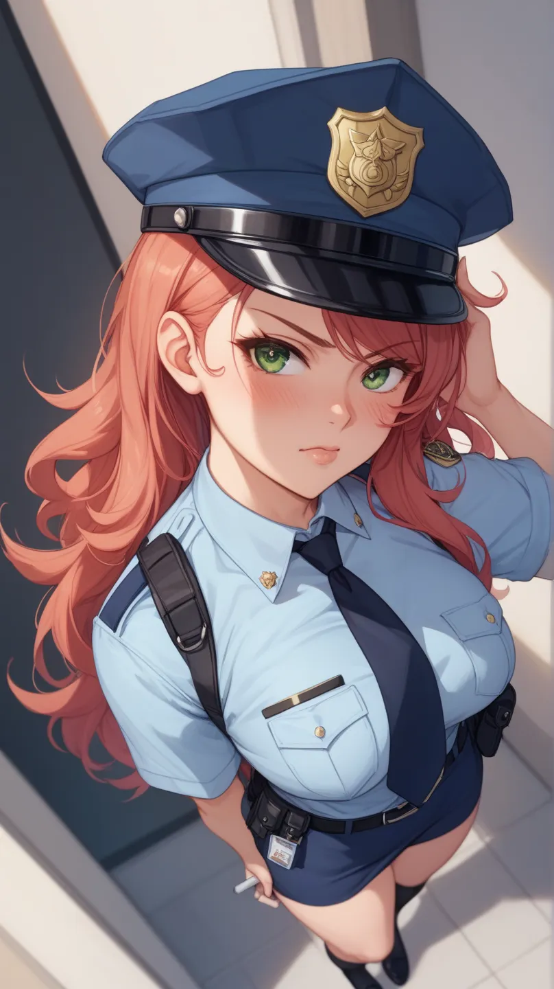 Top Qualityな顔、Top Quality、super high resolution、 sexy、Top Qualityな手、Top Qualityな指、Top Qualityな足、woman、full body、 sharp eyes、blush、anger、Glare、bellow、in the morning、Police Officer、standing、 view from above