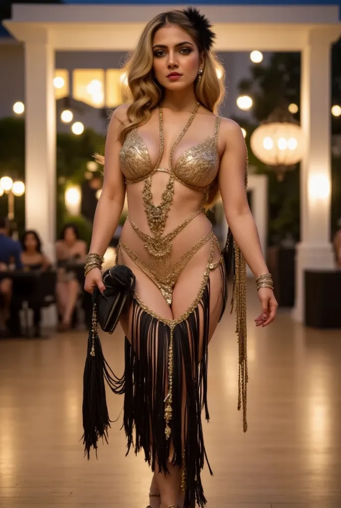 A captivating 40-year-old slightly smiling seductive blond woman stands elegantly on the dance floor at a nostalgic event on Governors Island, where history enthusiasts and vintage culture fans gather to celebrate the Jazz Age. She wears a stunning 1920s t...