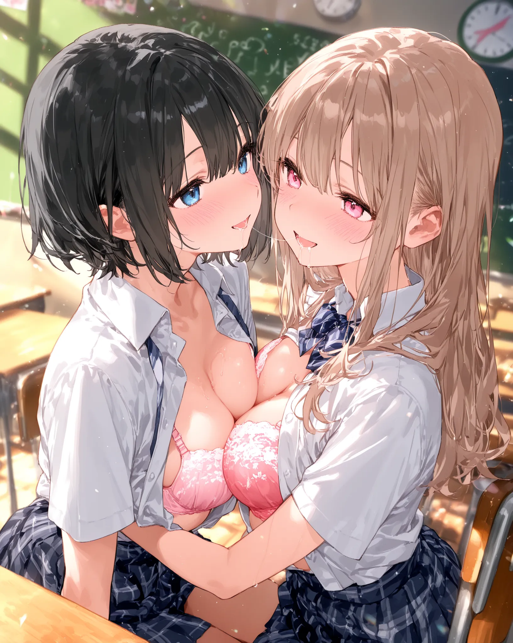 score_9, score_8_up  , score_7_up  , score_6_up  , score_5_up  , score_4_up,2girls、school uniform、BREAK、1girl、light brown hair、pink eyes、long hair、medium breast、1girl、black hair、blue eyes、short hair、smile breast、classroom、saliva trail、sit down、blush、open s...