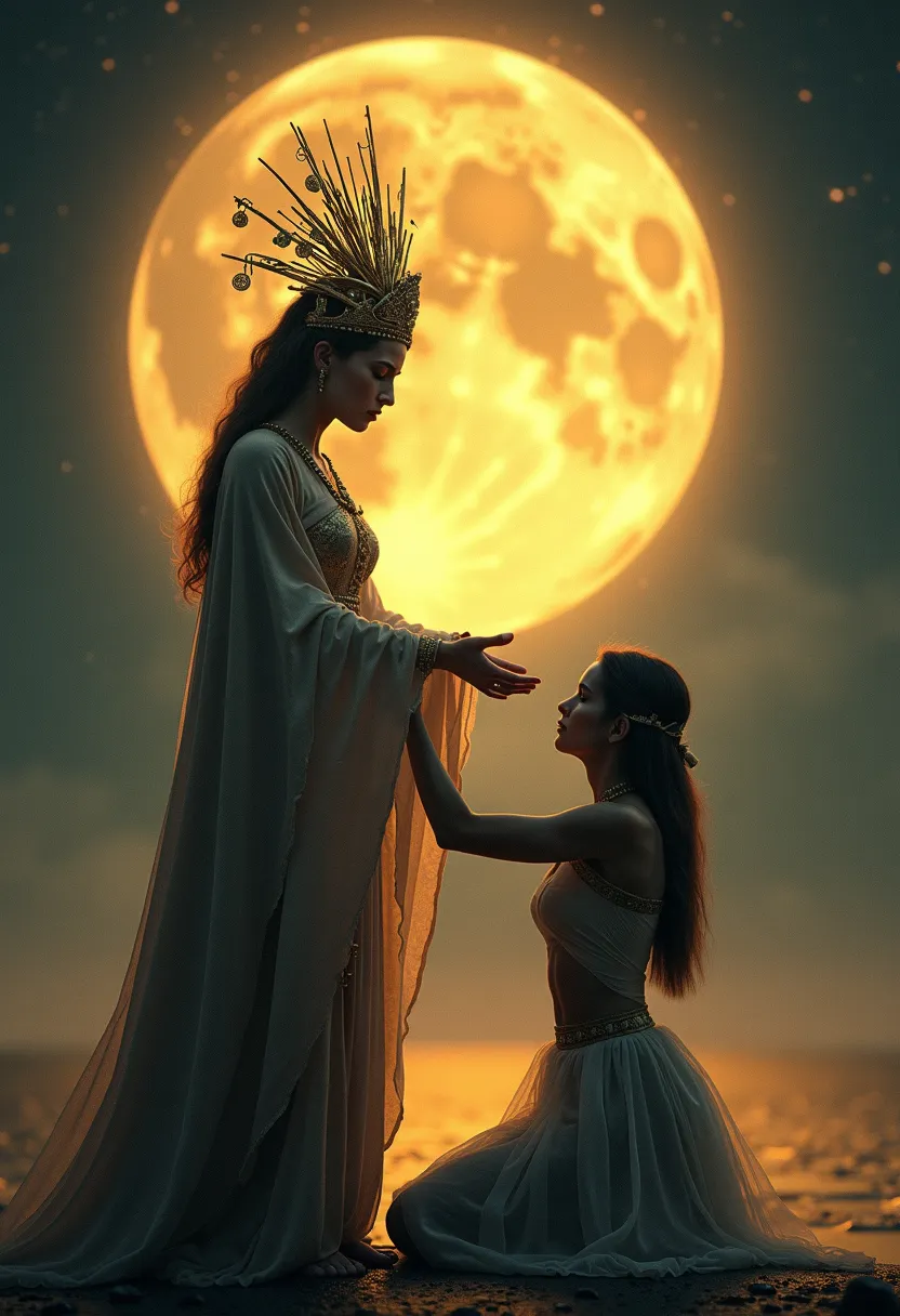 a high resolution photo of a mystical high priestess blessing a woman kneeling before her, the whole image expresses the powerful and positive power of femininity. in the background a huge golden full moon, magic, witch, power of femininity, strength,