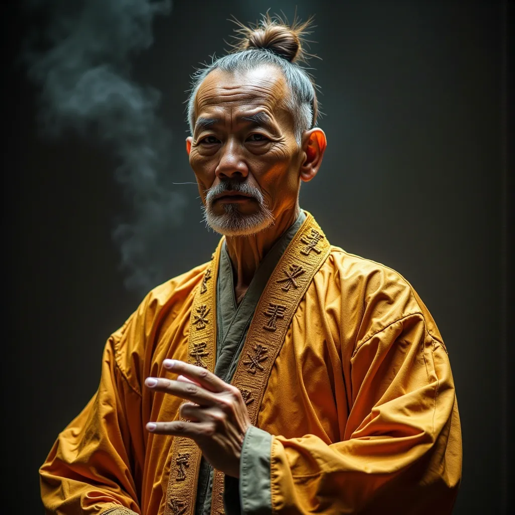 “A middle-aged Daoist man，Immortal Spirit，be kind and have good intentions，He has a peaceful appearance but hides the scent of determination to kill。wears a gorgeous and exquisite Daoist robe，The robe is embroidered with complicated golden runes，shining wi...