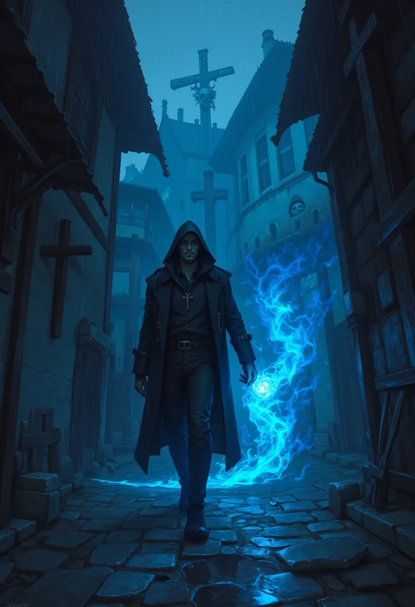 The silhouette of a man walking down an alley in a dark medieval city raining and he's holding a blue flame and that flame is coming out skull-faced ghosts