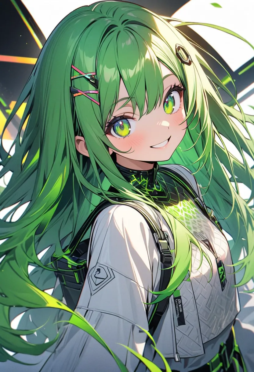 Character Overview:

Type: Young and petite girl
Skin Color: Vibrant green
Hairstyle: Waist-length straight hair, striking green with bright-colored tips
Eyes: Large and expressive, with bright, healthy skin
Expression: Smiling with eyes closed, exuding a ...