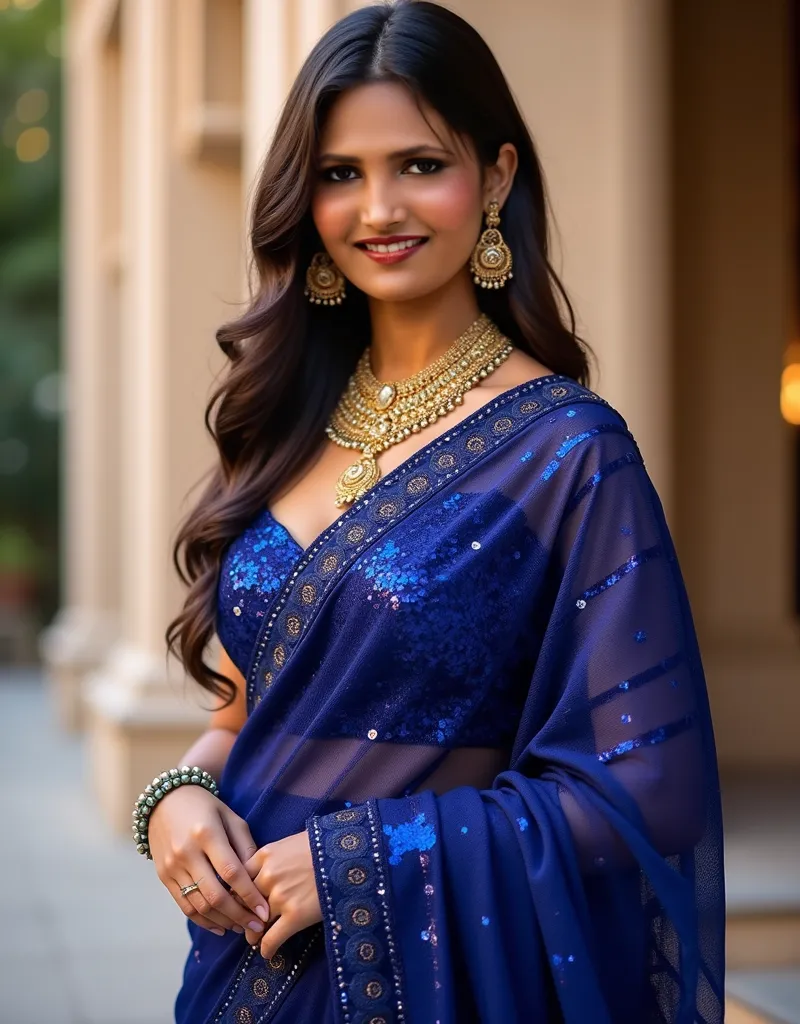 Young woman in a vibrant royal blue sequin saree. Indian attire, with a deep indigo, shimmering sequin saree, emphasizing a vertical stripe pattern. The saree's drape, textured with sequins, is carefully pleated and flowing. A matching, deep blue, sleevele...