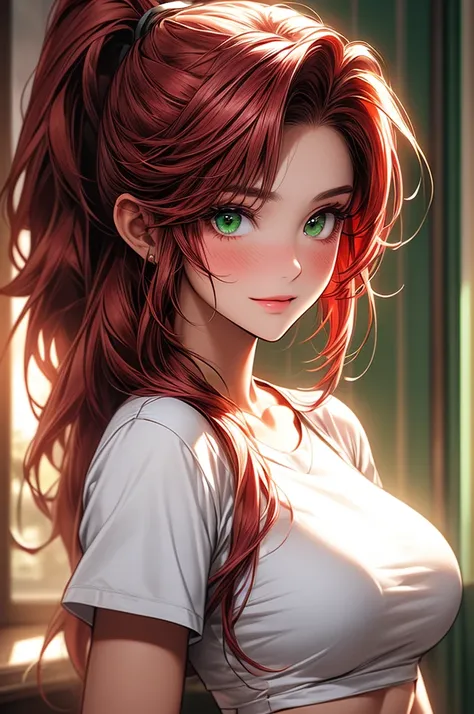 Masterpiece, ((1 girl, Red Hair, Tan Skins, Brown Skins)), ((Best Quality)), ((Close up)), (Ultra-detailed), Highly detailed, ((Big Breasts)), Perfect Lighting, Perfect background, ((Ponytail Medium Hair, Red Hair, Green eyes)), ((25-years-old, Upright bod...