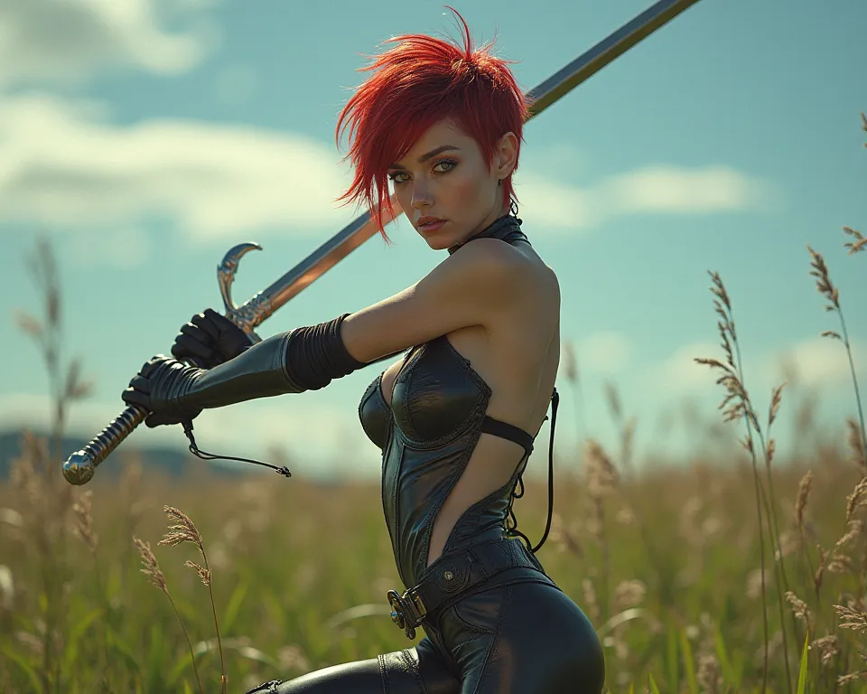 Short hair redhead  alien lady sword  Sexy slutty whore Super Lady , in a dramatic cosplay photoshoot setting. In fields 