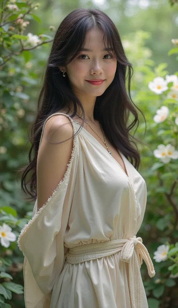 Full body shot of a beautiful Japanese woman with big breasts, sagging breasts, long black hair, bungs,  ,garden,  smiles at the camera, standing