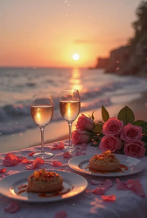 Create a 1st date photo with just two glasses of wine together without anyone, 1 bouquet of roses and 2 servings of food, sea date