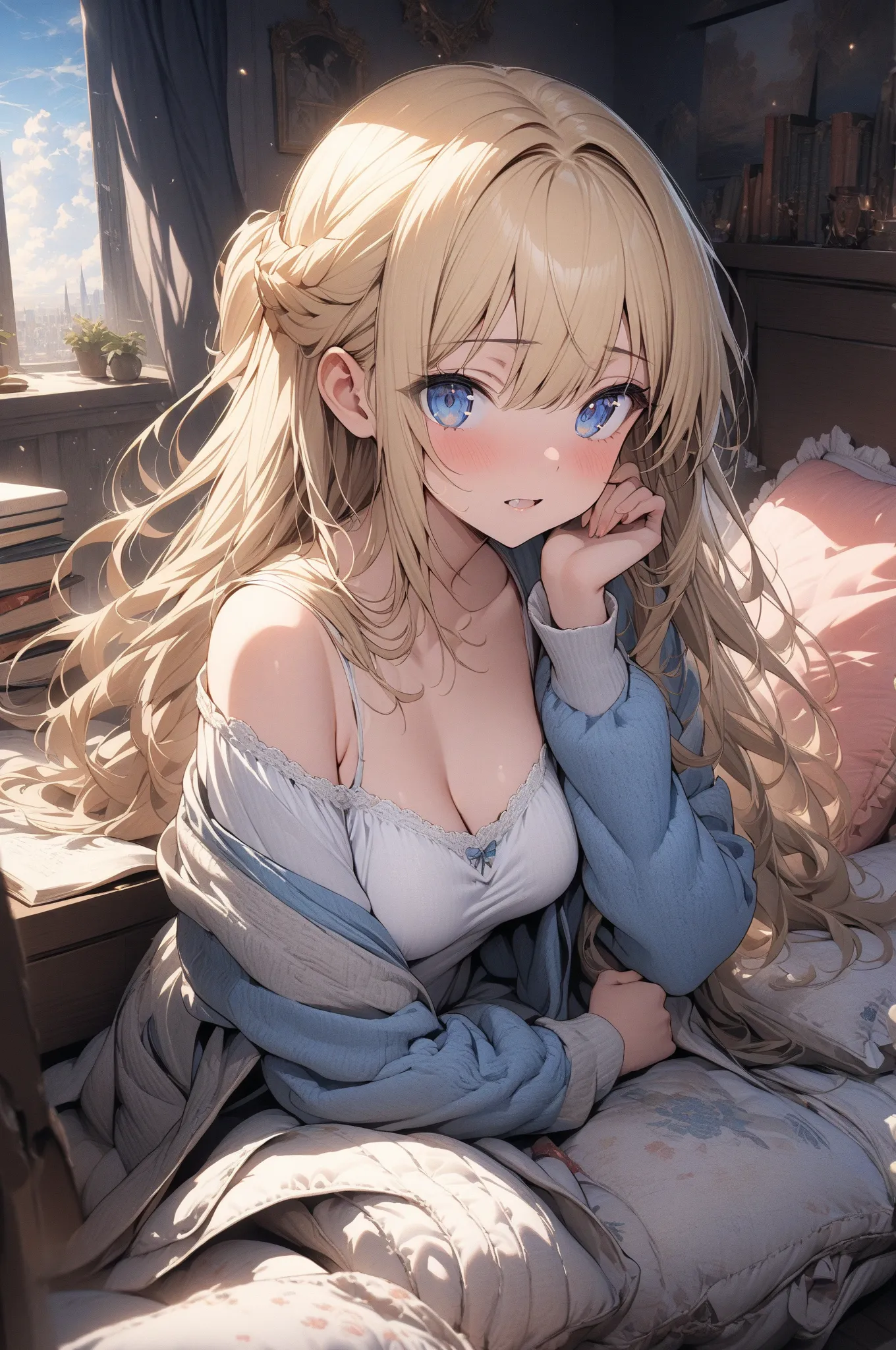 (masterpiece, detailed:1.2), One Girl, Princess, (18-years old), blonde half updo, Medium Breasts, sky blue eyes, BREAK, Highest quality, in her room, cushions, books, at night