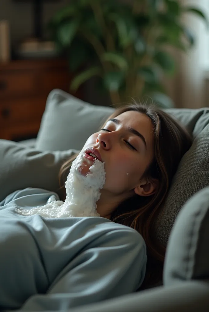 Girl fainted on the couch at home with a lot of foam coming out of her mouth