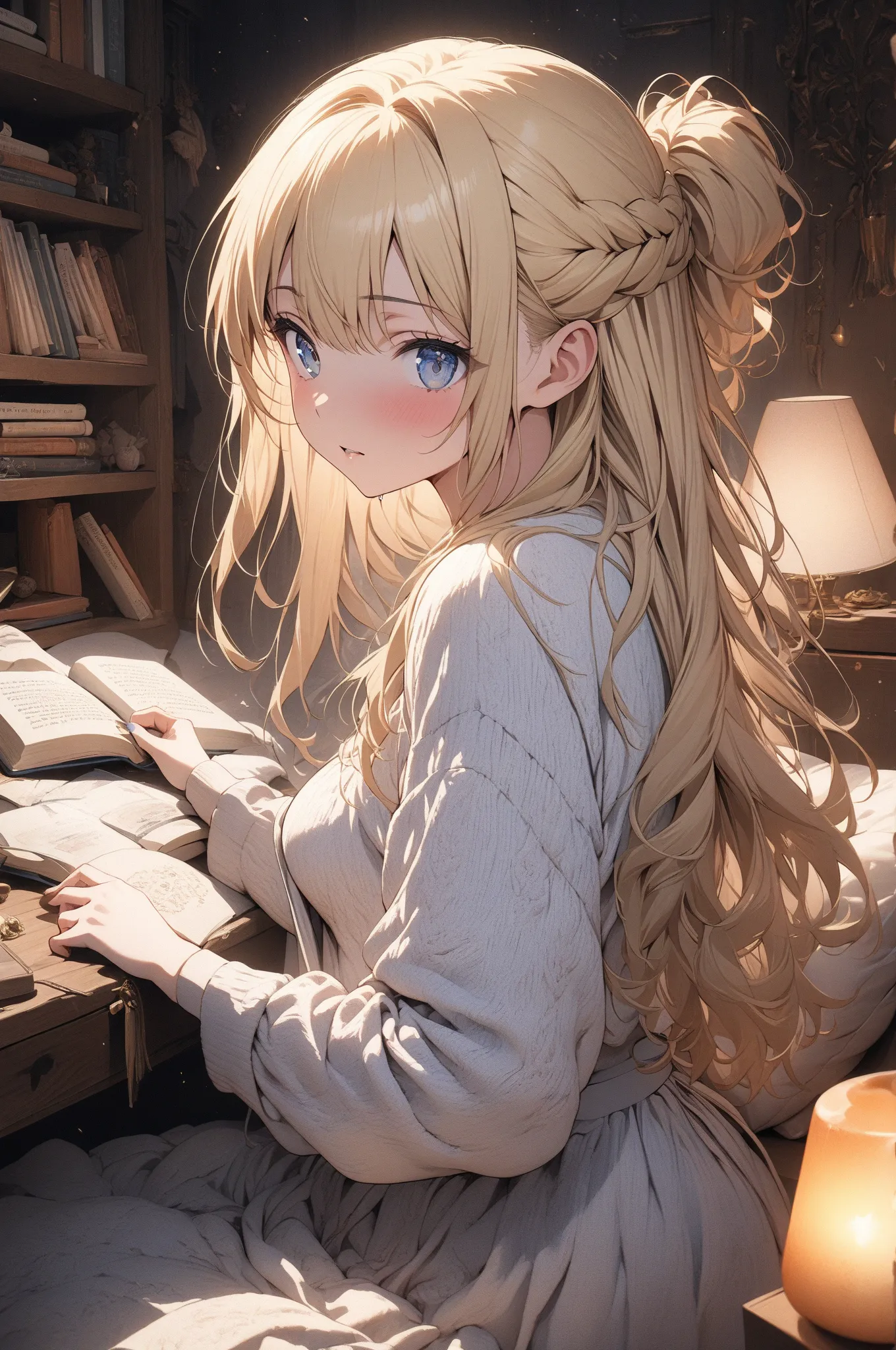 (masterpiece, detailed:1.2), One Girl, Princess, (18-years old), blonde half updo, Medium Breasts, sky blue eyes, BREAK, Highest quality, in her room, cushions, books, at night