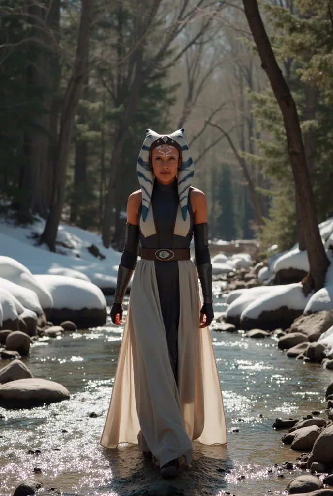 ( Masterpiece , высокое качество, High resolution, Realistic photo,  photo )  Ahsoka Tano in a long light-colored dress walks along a stream against the background of the forest. spring, there is snow in some places,  Sunny