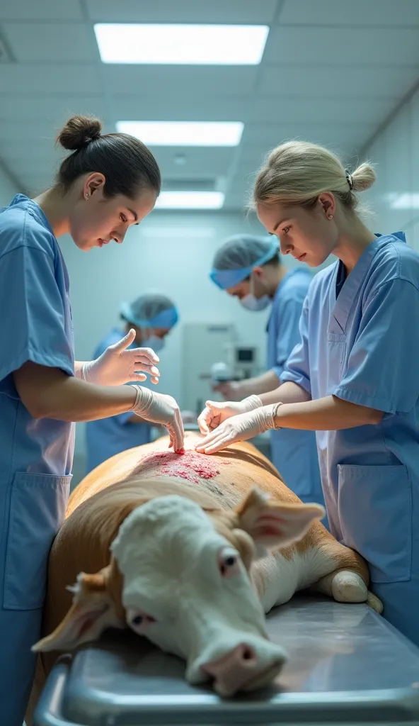 "Veterinarians inside a clean animal hospital, carefully cleaning the wounds of the cow and wrapping bandages around its body."
