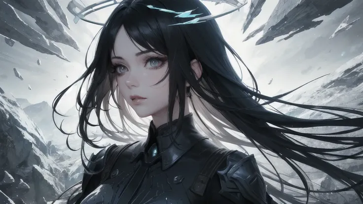 A futuristic, ethereal female figure with black hair, wearing a dark, high-collared outfit made of glossy, textured material. Her face is partially obscured by crystalline shards, and she has a glowing, shattered halo above her head. The background is dark...