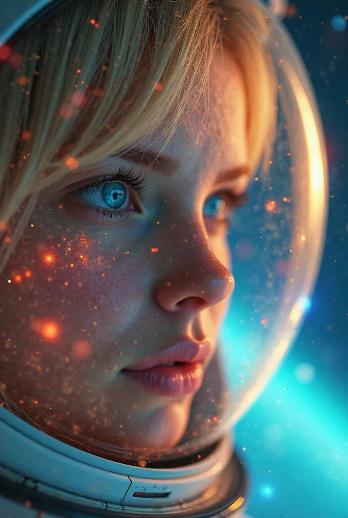 (Close-up of a better masterpiece:1.5)0.9], (Space and astronauts:1.2) (blond hair:1.1) (Heterochromia xanthochromia and blue eyes:1.2) (Space Helmet:1.0) (Colored stars in the eyes:1.0) (A radiant glow:1.1) (thick lips:0.9)