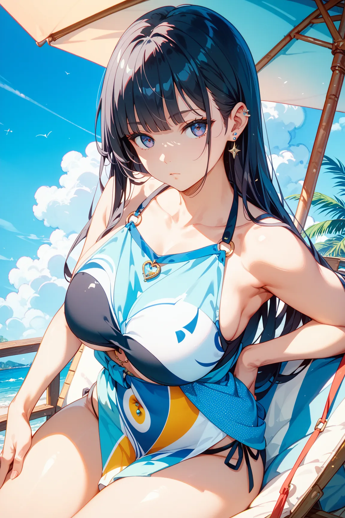 Ultra High Definition、 beach background、One Girl、 black hair、Heavy bangs、 quick bangs、long hair caught in a hole、 zitoida、expressionless、 belly button piercing 、big breasts、big ass、、 Read more、black bikini、