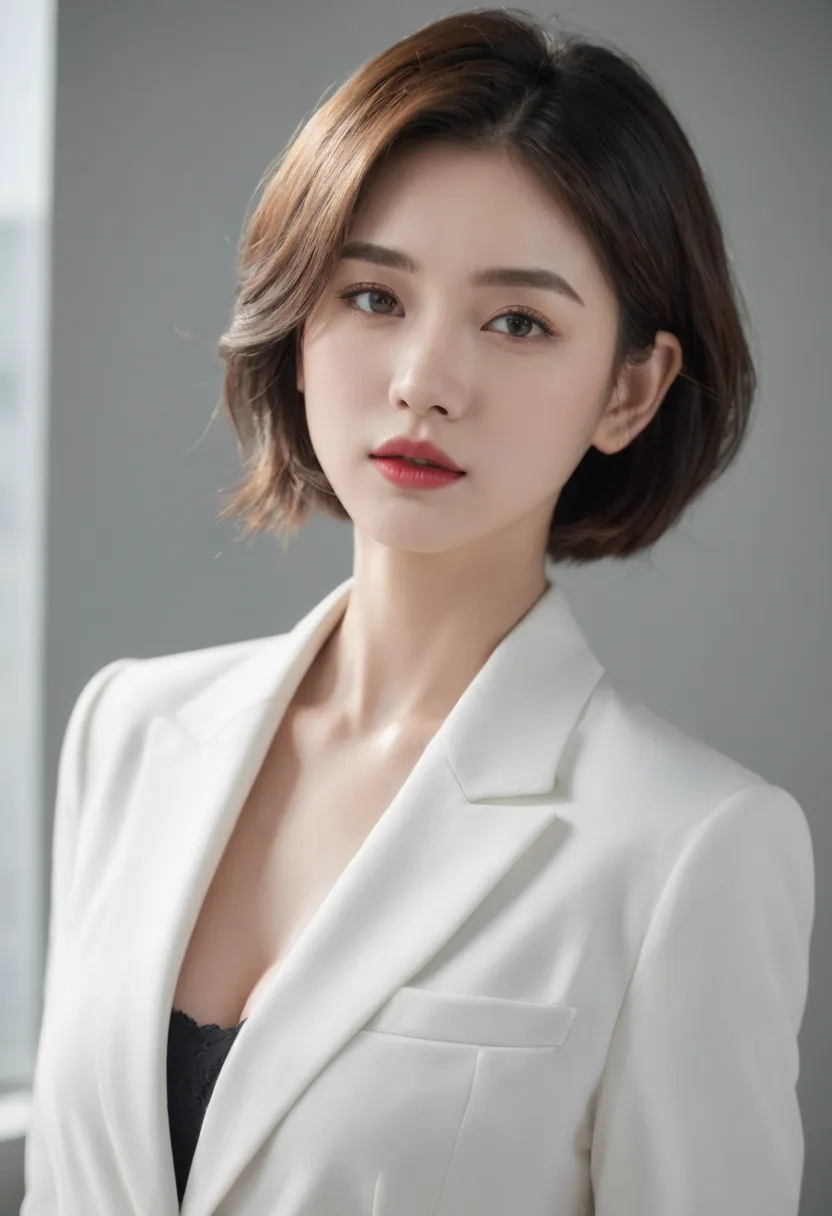 ((Half-length portrait)), 1 Girl,alone， masterpiece，is the best quality，Hi-res， 8,000，(portrait)，Real pictures，Photographic Grade，（Strong Women in the Workplace ）（Capable，Capable）,20-year-old girl，Short Hairstyles， red lips，Keep your mouth pretty and charm...