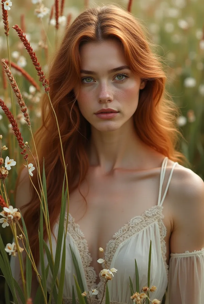 Woman with red rye and white leaves in front of her