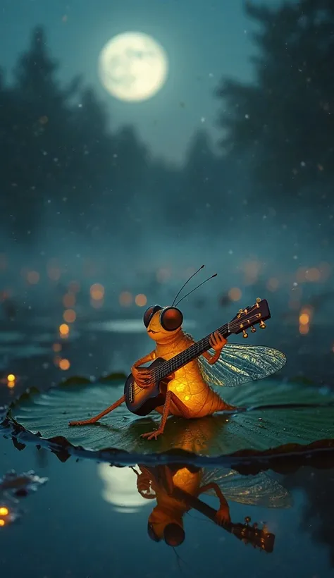 A stunning 4K full-body close-up of a glowing firefly sitting on a broad lily pad in the middle of a moonlit swamp, strumming a vintage archtop jazz guitar. The firefly’s bioluminescent abdomen flickers in rhythm with the soft, smooth melody. Its delicate ...