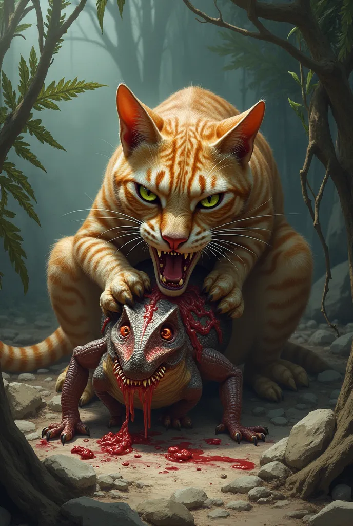 Cat eats dinosaur