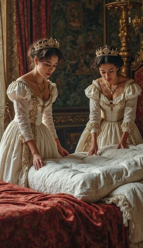 Two palace servants, dressed in traditional royal attire, are inspecting Queen Eliza's bed. One servant is lifting the mattress, while the other is carefully shaking the pillows. The queen stands nearby, watching with concern.