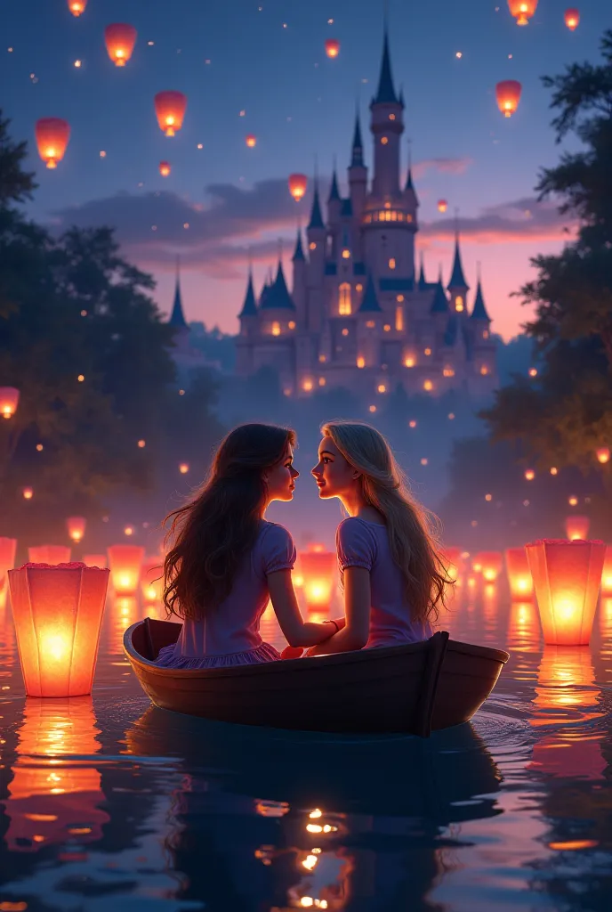 tangled scene where eugene and rapunzel is in the middle of the lake riding a boat with lanterns and the castle on the background, change the characters into 2 ager girls instead