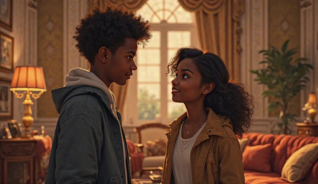 A 16-year-old black boy and his  sister talk to each other in their father's sumptuous living room. 