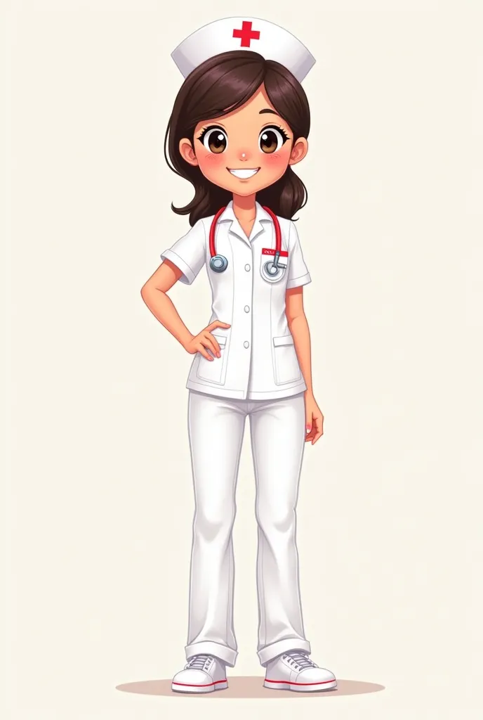 create a cute whole body cartoon nurse female with nametag "nako". She is wearing a white with pants uniform.