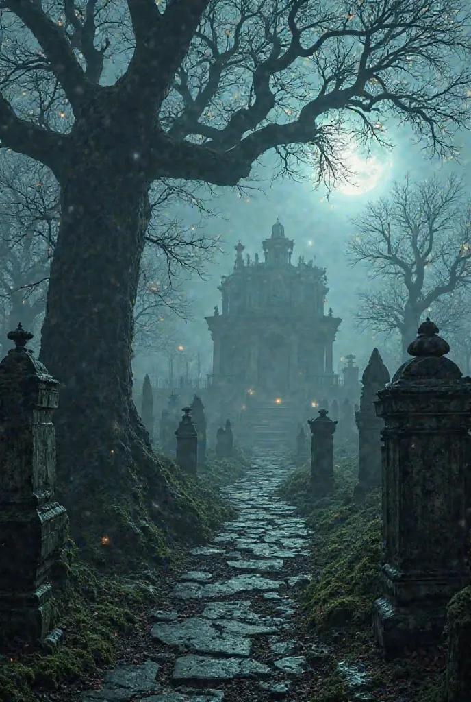 A hauntingly atmospheric graveyard shrouded in thick mist, with ancient, crumbling tombstones covered in moss. A twisted, leafless tree stands in the center, its gnarled branches reaching toward the stormy, moonlit sky. Dim lanterns flicker with an eerie g...