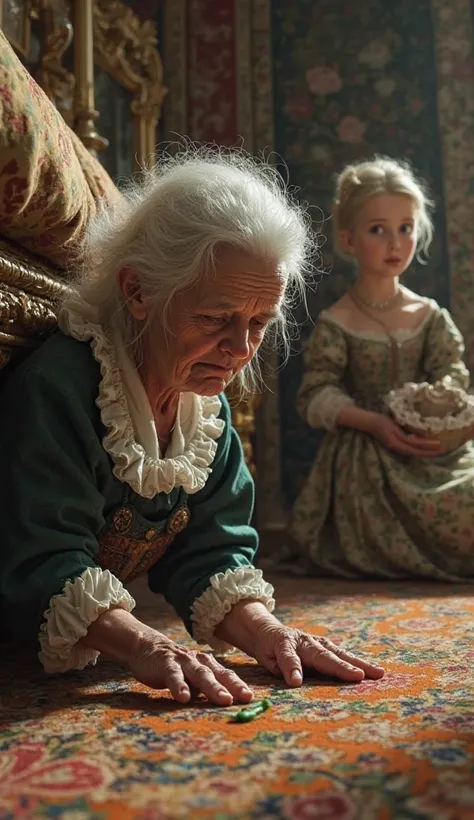 An elderly maid with a wrinkled face and white hair is bending down under the bed, discovering a tiny green pea. She smiles curiously, while Queen Eliza looks at her in astonishment.