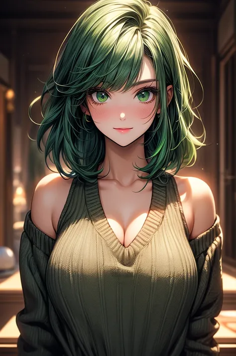 Masterpiece, ((1 girl, Green Hair, Tan Skins, Brown Skins, Dark Skins)), ((Best Quality)), ((Close up)), (Ultra-detailed), Highly detailed, ((Big Breasts)), Perfect Lighting, Perfect background, ((Short Hair, Straight Hair, Blunt Bangs, Sweep Bangs, Green ...