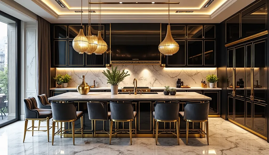 A luxurious Art Deco kitchen with an opulent and elegant design. The space features sleek cabinetry with gold and brass accents, high-gloss black and marble countertops, and geometric tile backsplashes. A grand kitchen island with an intricate gold-trimmed...