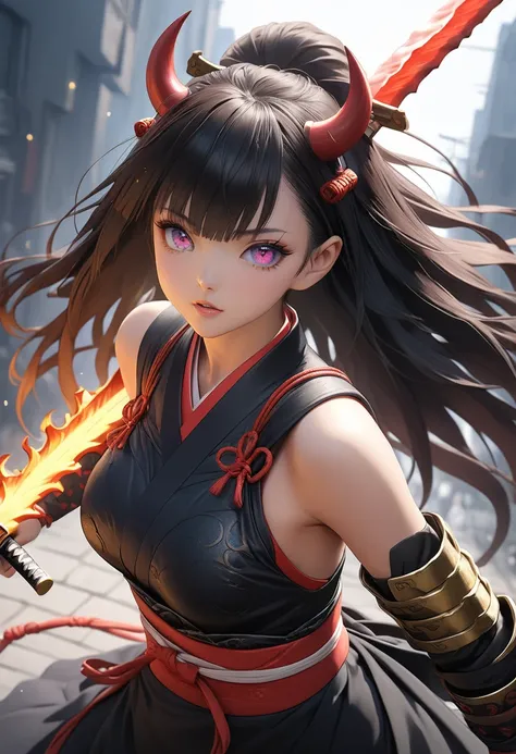 A woman in armor holding a sword with a flame on her back, Badass Anime 8k, Flame Sword, anime style 4k, Maid, demon samurai warrior,  she has a katana , demon samurai,  very pretty cyberpunk samurai , Ultra High Definition、masterpiece、correct、anatomically...